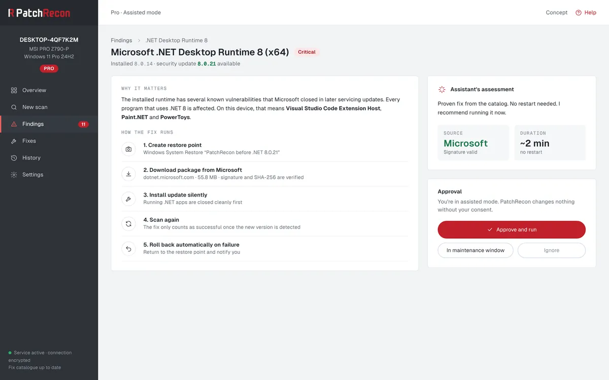 Approving a fix for the .NET Desktop Runtime: reasoning, a five-step process and an approve button.