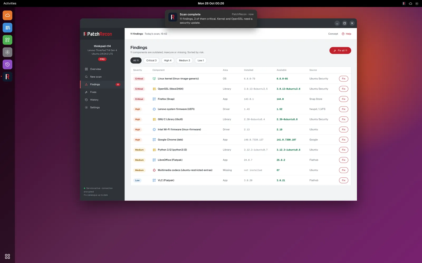 PatchRecon on Ubuntu Linux with a findings list and a GNOME notification after the scan.