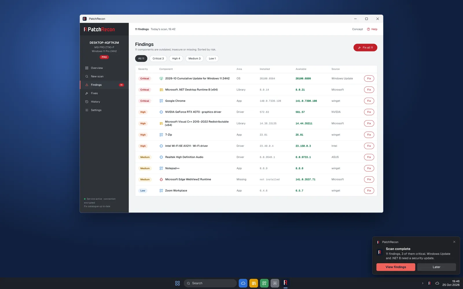 PatchRecon on a Windows desktop with a findings list and a Windows notification after the scan.